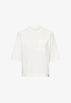 Plain white short-sleeve crew neck shirt with a small chest pocket and a relaxed fit.