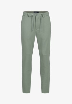Pantaloni verde chiaro su misura con vita con bottone e coulisse, tasche laterali e tessuto strutturato.