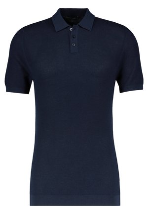 Marineblaue Polohemd aus strukturierter Stoff. Mit Kragen, einer Knopfleiste mit drei Knöpfen und kurzen Ärmeln. Glatter Saum am unteren Rand.