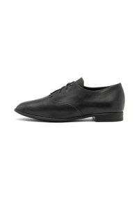 Chaussure habillée en cuir noir avec un bout pointu, un laçage minimal et un talon bas rectangulaire. Texture lisse et design épuré.