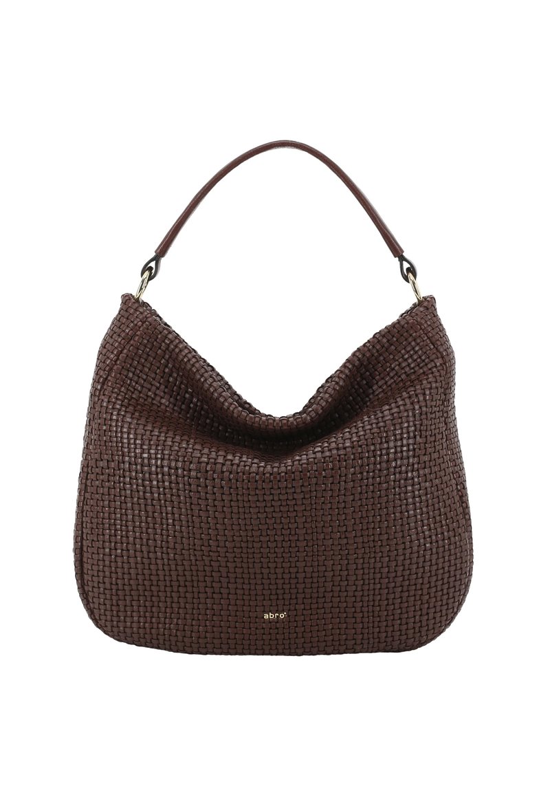 Woven brown leather handbag with a curved design, featuring a single handle and gold logo detail at the bottom. Soft, textured surface.