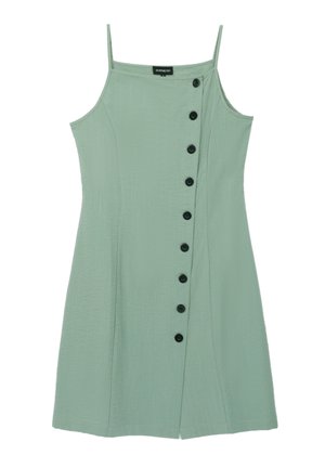 Bezramionowa zielona sukienka wykonana z teksturowanej tkaniny, z zapięciem na sześć czarnych guzików z przodu i prostym dołem.