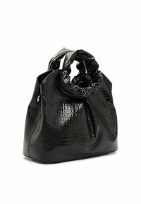 Czarna torebka z teksturowanym wzorem krokodyla. Posiada zebrań górę i solidne uchwyty. Wykonana z błyszczącej sztucznej skóry.