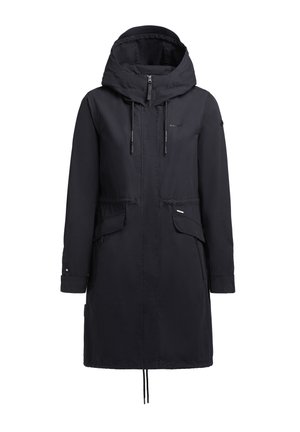 Sort, lang parka med hætte, med snoretræk i taljen, to frontlommer og lynlås lukning. Glat stof med minimal branding.
