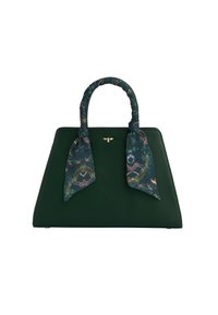 Zelená kožená kabelka so štruktúrovaným tvarom, s potlačeným šatkou previazanou okolo rúčok a zlatým logom na prednej strane.