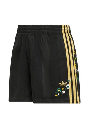 Black athletic shorts with an elastic waistband, featuring three gold stripes on the side and floral embroidery in various colors.