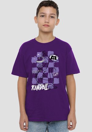 Purple cotton t-shirt featuring a cartoon character with a mischievous expression, graphic text "RANDALL," and splattered background design.