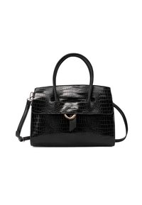 Borsa nera in pelle con stampa effetto coccodrillo, dal design strutturato, con manici corti, una tracolla removibile e dettagli in metallo dorato.