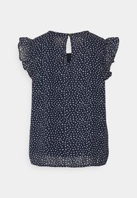 Marineblaue Bluse mit weißen, verstreuten geometrischen Mustern, kurzen Rüschenärmeln und einem Schlüssellochausschnitt am Rücken mit Metallknopfverschluss. Leichter Stoff.