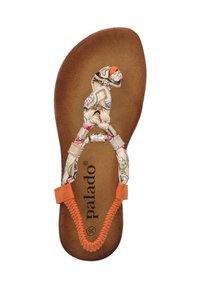 Sandalo flip-flop con una suola in finta suede marrone, cinturino floreale, accenti in gomma arancione e un embellishment centrale intrecciato.