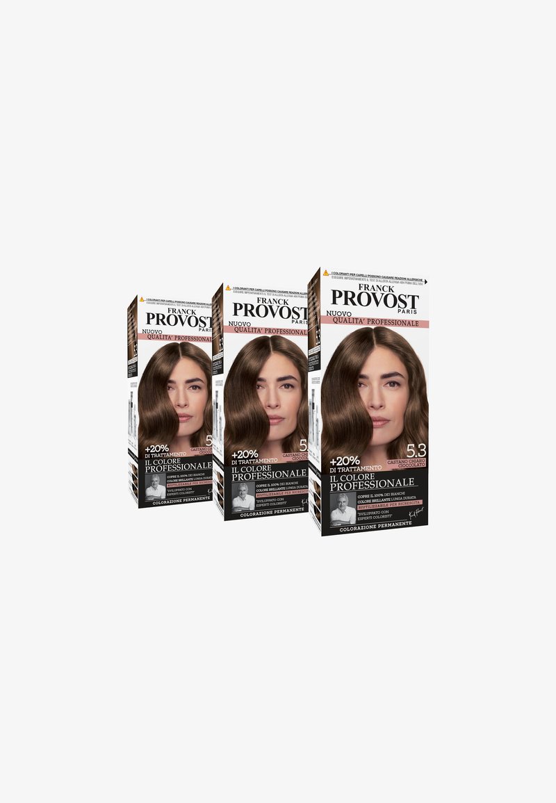 Franck Provost - FRANCK PROVOST TINTA CAPELLI COLORE PROFESSIONALE A DOMICILIO VALORIZZA RIFLESSI E BRILLANTEZZA PENNELLO DI PRECISIONE INCLUSO - 3 PACK - Tinte capelli - castano chiaro cioccolato, Ingrandire