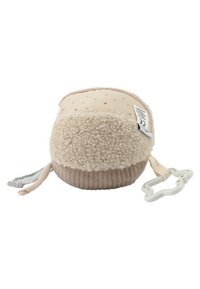 Soft plush toy in beige and cream with dotted pattern, textured fabric, ribbed base, and a fabric loop with a cloud-shaped clip.