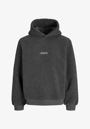 Pilka pūkuota džemperis su tekstūru, kengūros tipo kišenė ir raukiniai ant rankovių ir apykaklės. Priekyje yra mažas baltas logotipas.