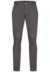 Graue Baumwollhose mit schlanker Passform, vorderer Knopfverschluss und klassischem Fünf-Taschen-Design. Glatte Textur mit minimalen Details.