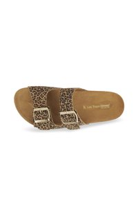 Leopard print slide sandal with two adjustable straps and gold hardware accents. Soft footbed with a textured tan surface.