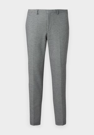 Szürke, méretre szabott nadrág finom houndstooth mintával, keskenyedő szárakkal, övhurkokkal és sima elülső kialakítással.