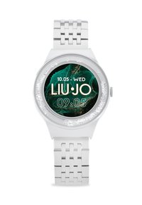 Sølv analog ur med en rund skive, der har en mørkegrøn marmorering som baggrund, gyldne detaljer og et tekstureret metalarmbånd.