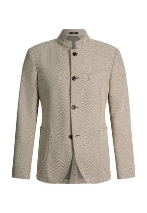 Beige getextureerd herensblazer met opstaande kraag, vier donkere knopen en drie zakken, getoond op een witte achtergrond.
