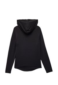 Zwarte pullover hoodie met een ruime capuchon, lange raglanmouwen en een gebogen zoom. Gemaakt van een gladde, rekbare stof.