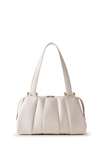 White leather handbag with pleated design, dual top handles, and gold-tone hardware accents. Smooth texture and structured shape.