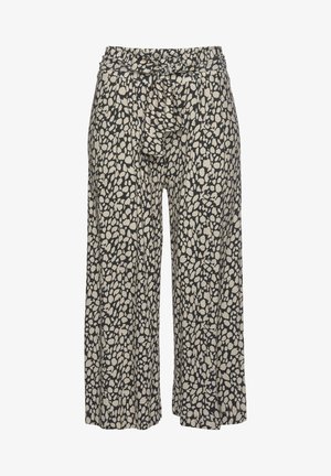 Hlače širokih nogavic z vzorcem v črni in bež barvi, ki imajo zavezan pas in mehak tekstil. Priložnostna zasnova z ohlapnim krojem.