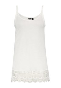 Weißes ärmelloses Top mit dünnen Trägern und Spitze am Saum mit gewelltem Rand. Hergestellt aus einem leichten, weichen Material.