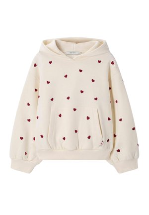 Sweat à capuche couleur crème avec motifs de cœurs rouges, poche avant kangourou, poignets côtelés et capuche, conçu pour les enfants.