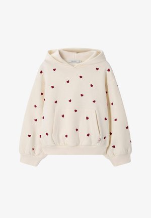 Sweat à capuche couleur crème avec motifs de cœurs rouges, poche avant kangourou, poignets côtelés et capuche, conçu pour les enfants.