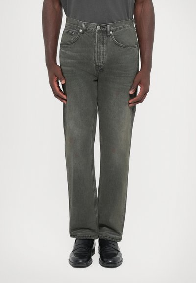 Dark gray denim jeans with a straight leg fit. Features traditional pockets, a button fly, and slight fading for a worn look.