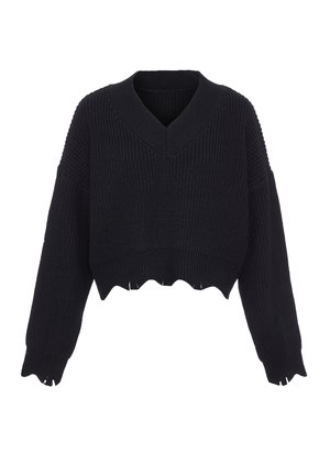 Zwarte cropped sweater met een geribde textuur, V-hals en brede mouwen. Heeft een gegolfde zoom en subtiele uitsparingen bij de manchetten.