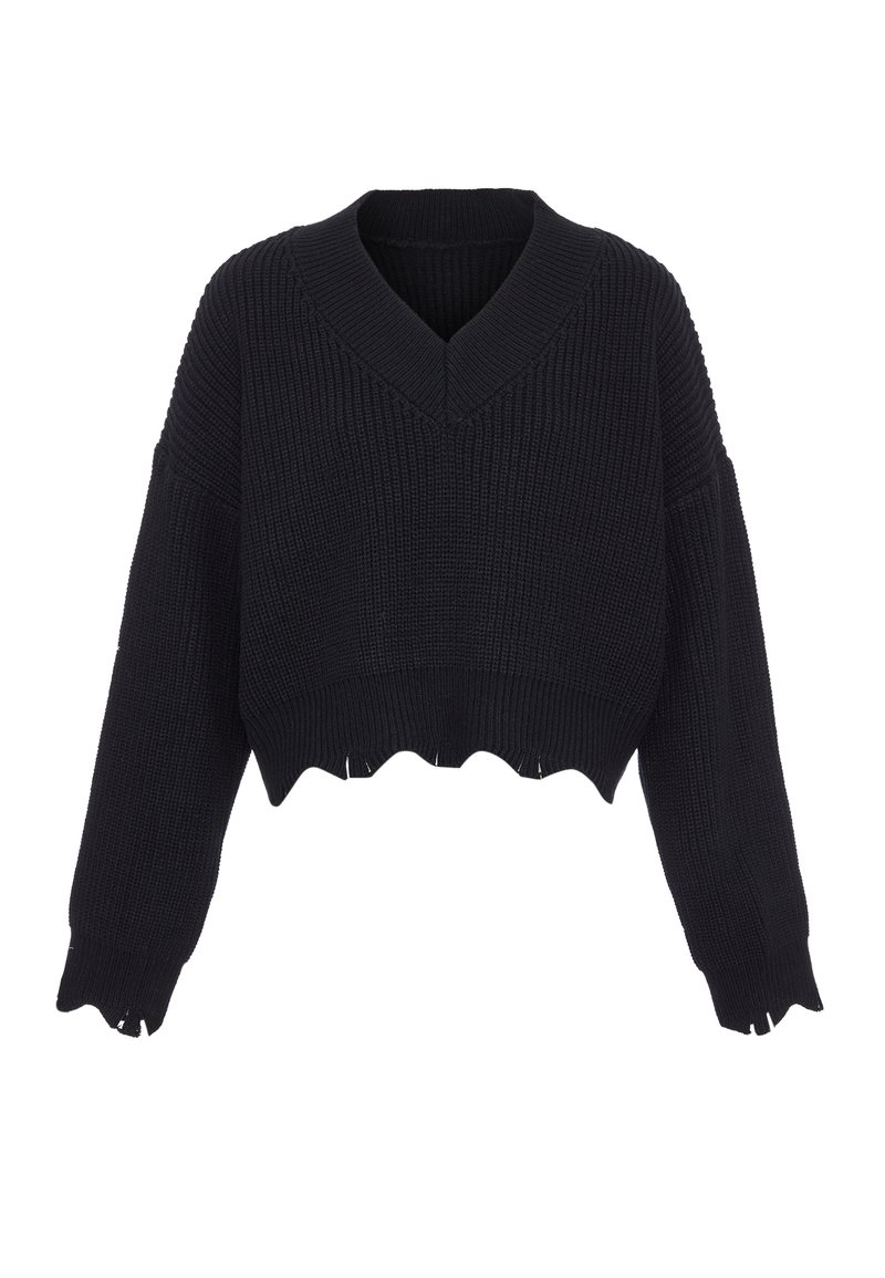 Schwarzer, kurzer Pullover mit gerippter Textur, V-Ausschnitt und weiten Ärmeln. Mit gewelltem Saum und subtilen Ausschnitten an den Manschetten.