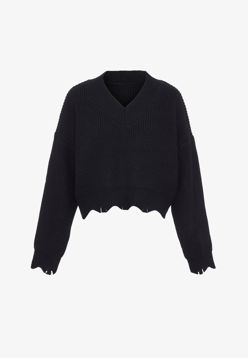 Schwarzer, kurzer Pullover mit gerippter Textur, V-Ausschnitt und weiten Ärmeln. Mit gewelltem Saum und subtilen Ausschnitten an den Manschetten.