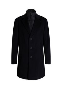 Cappotto di lana blu scuro con colletto a pistagna, chiusura a tre bottoni, due tasche laterali e fodera interna liscia.