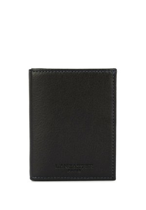 Portefeuille en cuir noir avec logo "LANCASTER PARIS" embossé sur le devant et coutures visibles le long des bords.
