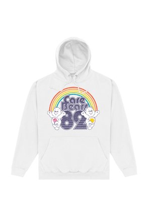 Biała bluza z kapturem z grafiką przedstawiającą dwa misie Care Bear i napisem "Care Bears 82" pod tęczą. Zaprojektowana z kieszenią z przodu i sznurkiem do regulacji kaptura.