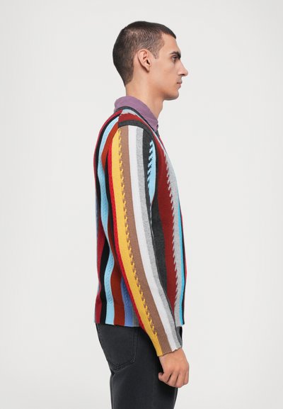 Multikleurige gebreide trui met verticale strepen in rood, blauw, bruin en geel. Het ontwerp bevat textuurpatronen langs de mouwen.