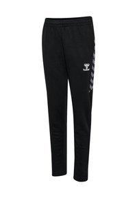 Schwarze Sporthose mit elastischem Bund, die ein Logo an der Vorderseite und ein Chevron-Muster an der Seite aufweist. Aus weichem Material gefertigt.