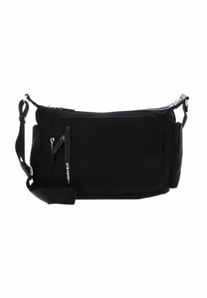 Sac à épaule noir en nylon, doté d'une poche avant zippée, d'une sangle ajustable et d'une texture lisse avec des éléments de design minimalistes.