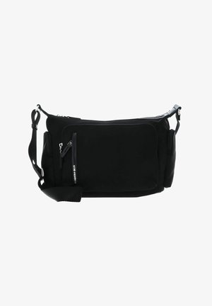 Sac à épaule noir en nylon, doté d'une poche avant zippée, d'une sangle ajustable et d'une texture lisse avec des éléments de design minimalistes.