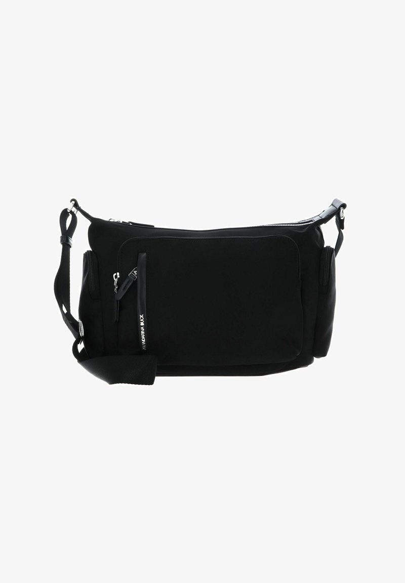 Sac à épaule noir en nylon, doté d'une poche avant zippée, d'une sangle ajustable et d'une texture lisse avec des éléments de design minimalistes.