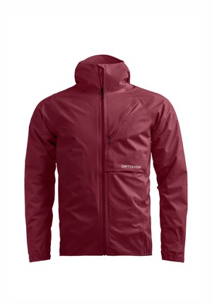 Maroonfarbene, wasserdichte Ortovox-Jacke mit hohem Kragen, Frontreißverschluss, schräger Brusttasche mit Reißverschluss und langen Ärmeln.