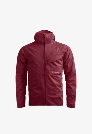 Maroonfarbene, wasserdichte Ortovox-Jacke mit hohem Kragen, Frontreißverschluss, schräger Brusttasche mit Reißverschluss und langen Ärmeln.