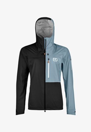 Zweifarbige Outdoor-Jacke mit einem schwarzen Unterteil und einem hellblauen Oberteil. Verfügt über eine Kapuze, einen Frontreißverschluss und eine mit Reißverschluss versehenen Brusttasche.