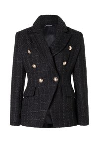 Zwarte tweed blazer met een dubbelgebreid voorpand, goudkleurige knoopaccenten, gekartelde revers en zijzakken; gestructureerde afwerking.
