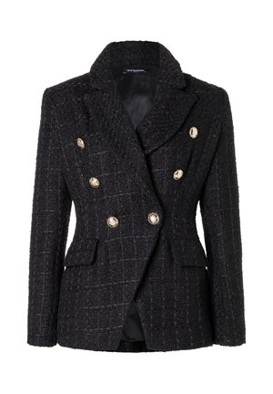 Schwarzer Tweed-Blazer mit doppelreihiger Front, Goldton-Knopfakzenten, Reverskragen und Seitentaschen; strukturierte Optik.