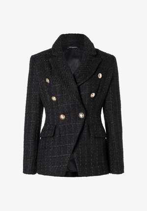 Schwarzer Tweed-Blazer mit doppelreihiger Front, Goldton-Knopfakzenten, Reverskragen und Seitentaschen; strukturierte Optik.