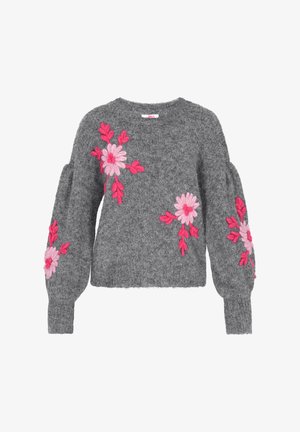 Grijze gebreide trui met roze en rode bloemstickers aan de voorkant en lange mouwen met omslagmanchetten.