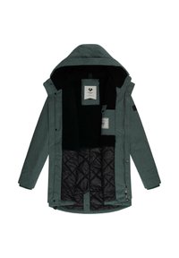 Jachetă verde dintr-un material texturat, cu închidere cu fermoar și glugă. Interiorul are o căptușeală neagră matlasată și mai multe etichete în interior.