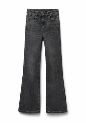 Jeans neri a zampa d'elefante con cintura standard, tasche anteriori e una texture leggermente sbiadita. Realizzati in tessuto di denim, con cuciture a vista.