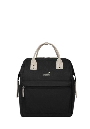 Black square backpack with beige handles, front zip pocket, side button straps, and "ENGELIS" logo on front panel.